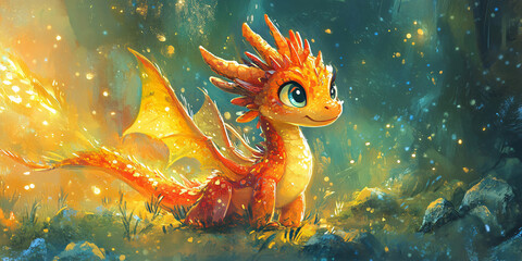 Fototapeta premium A digital painting of a cute baby dragon in a magical forest.