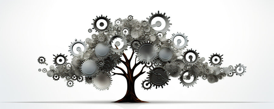 Creative design of a tree made from gears symbolizing technology and nature in harmony