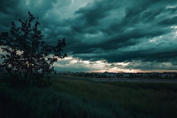 Fototapeta premium A dramatic sky filled with dark clouds over a grassy field and distant buildings at dusk.