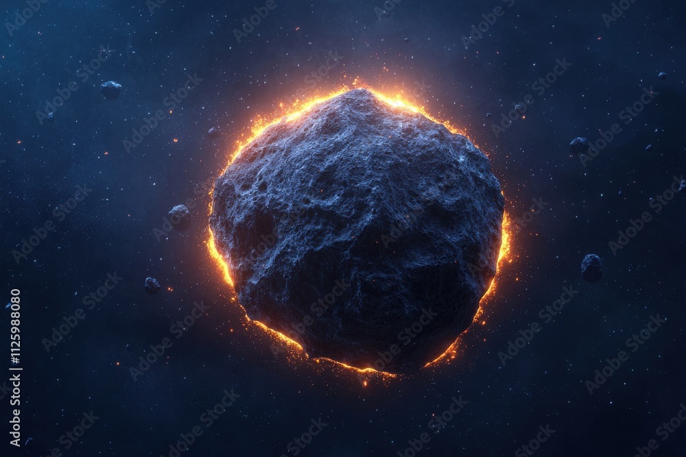Poster asteroid mining concept. fiery asteroid floating in a dark cosmic space environment.