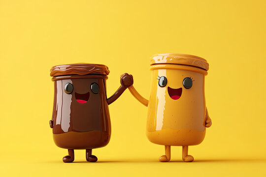 A peanut butter jar with arms, high-fiving a jelly jar