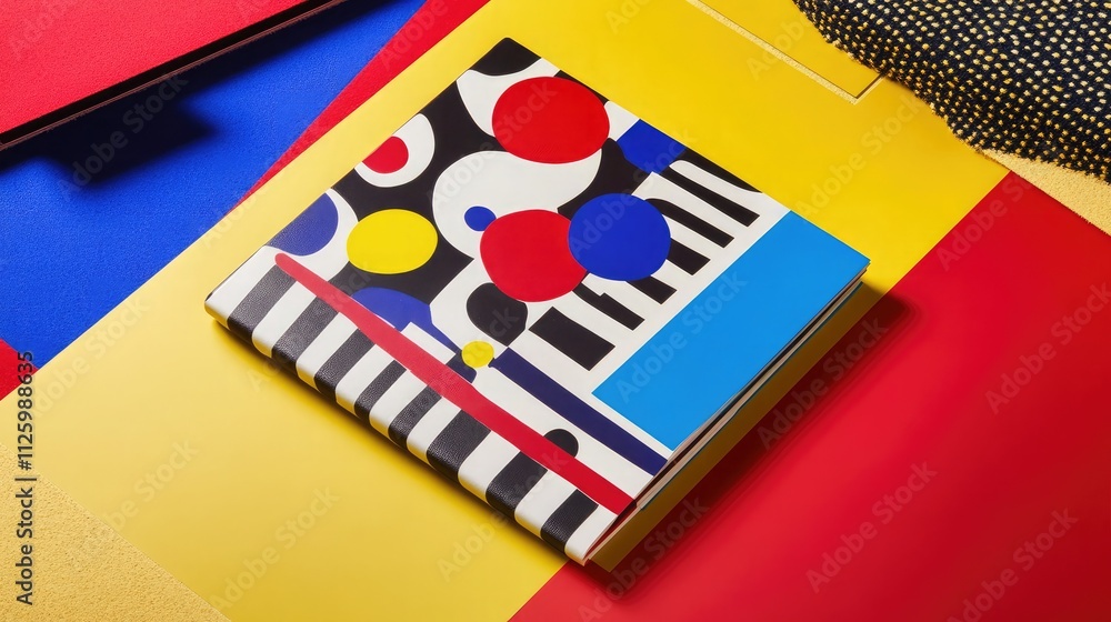 Poster vibrant abstract notebook surrounded by colorful geometric patterns and textures on a brightly color