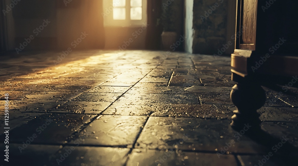 Poster Sunlight streams through a window onto a worn tile floor in a rustic interior.
