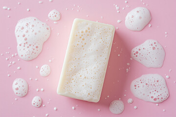 Bar of soap with foam on a pink background, top view, flat lay. Made by AI