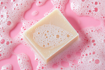 Photo of a soap bar on top with foam, pink background. Made by AI
