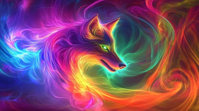 neon wolf emerging from a swirling vortex of vibrant colors, a stunning depiction of a mythical beast in glowing fantasy art