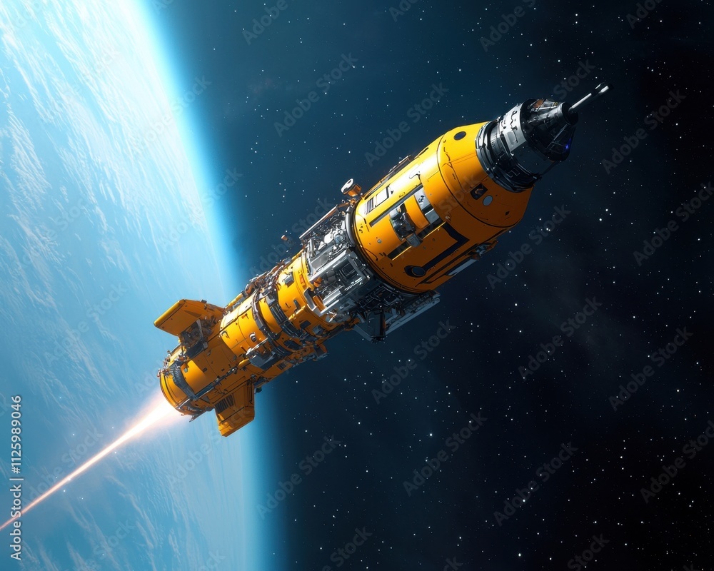 Poster asteroid mining concept. a futuristic yellow spaceship soaring through space.