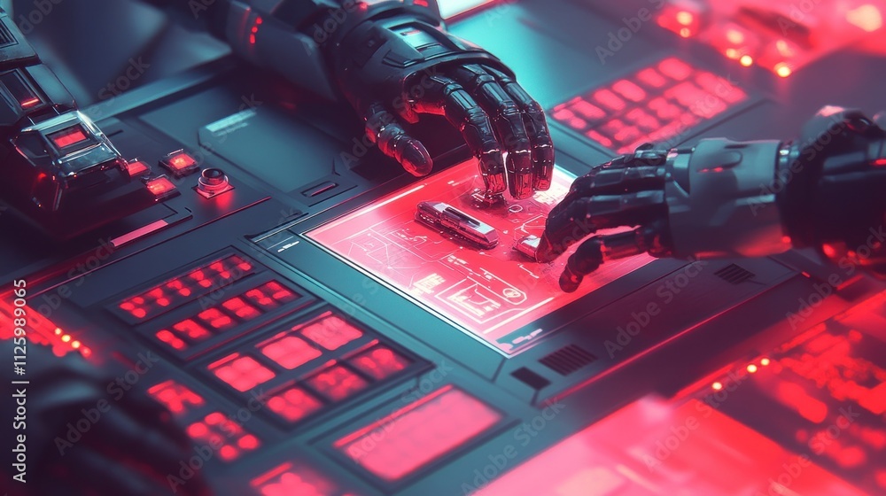 Poster robotic hands operate futuristic control panel interface