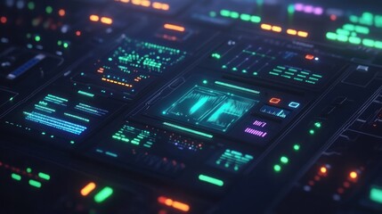 Fototapeta premium Futuristic Control Panel Displays Data Streams And Information