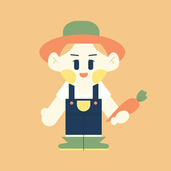 Cute Farmer Boy Holding a Fresh Carrot. Cartoon Chibi Vector Flat Design Illustration 