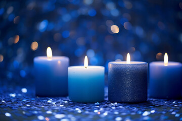 Soft blue candles glowing against sparkling blue background