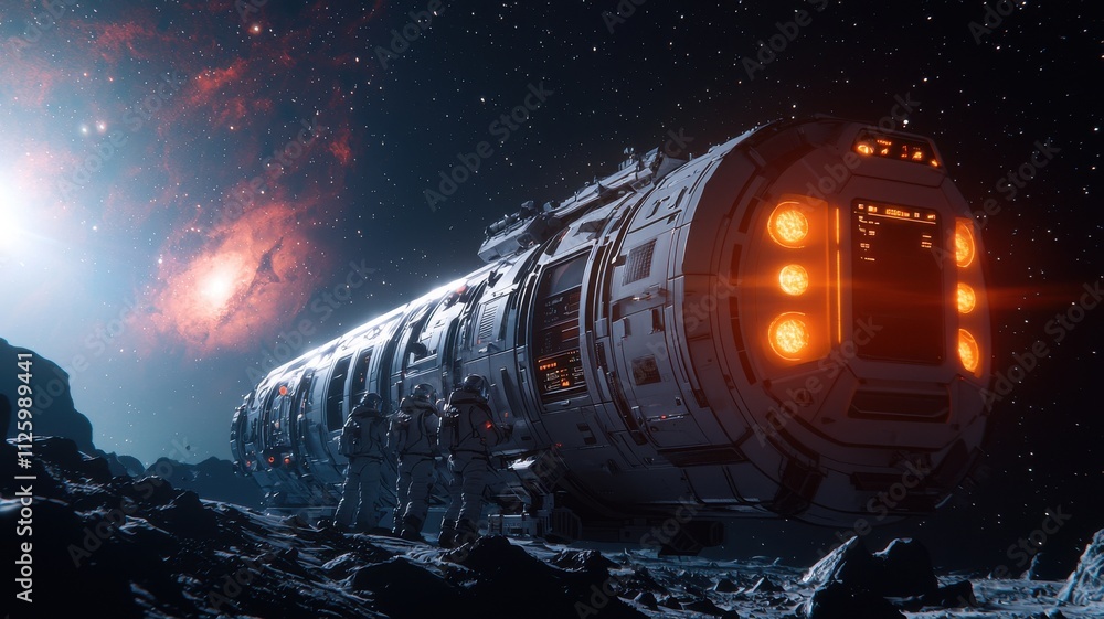 Poster asteroid mining concept. futuristic spaceship navigating through a cosmic landscape filled with star