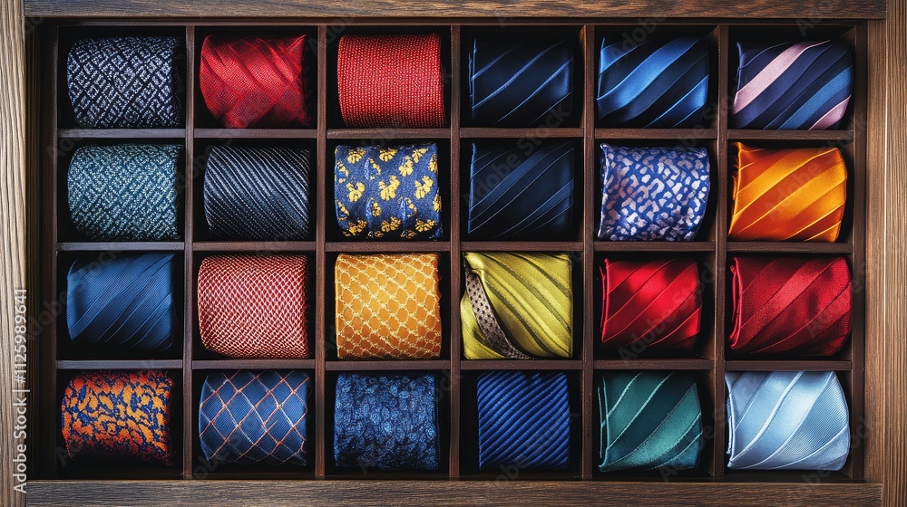 Poster A Collection of Colorful Ties Displayed Elegantly in a Wooden Box, Showcasing Various Patterns and Textures for Fashion Enthusiasts and Style Aficionados