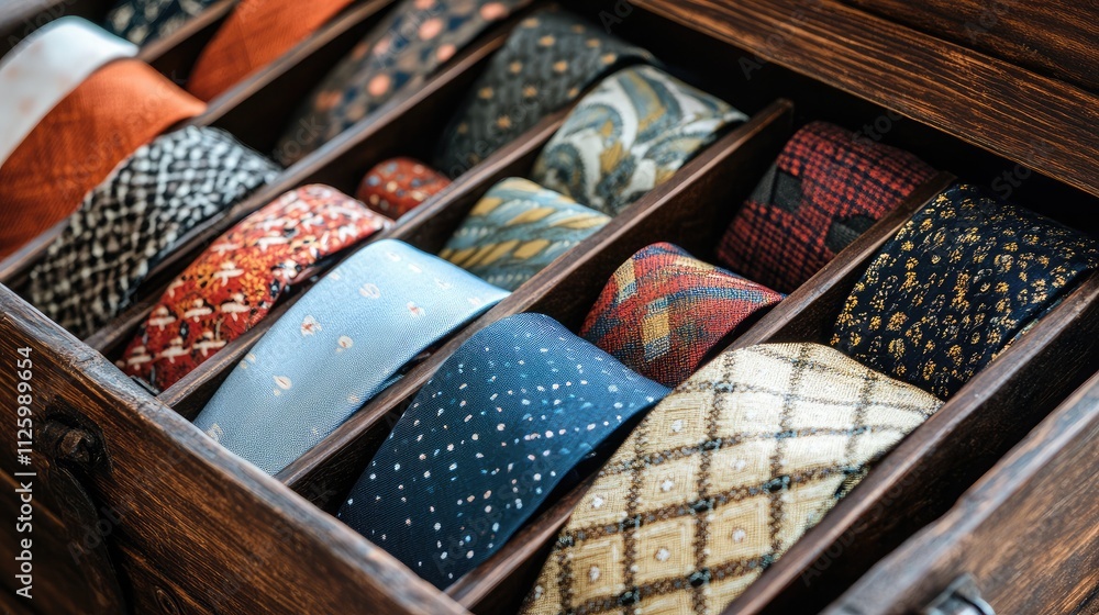 Poster neatly organized wooden drawer filled with various colorful ties showcasing unique patterns and desi