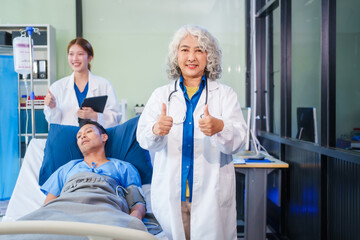 Two female doctors examine a patient lying on a hospital bed,discuss the medical chart,administer medicine,and provide encouragement, ensuring compassionate care and fostering the patient's recovery
