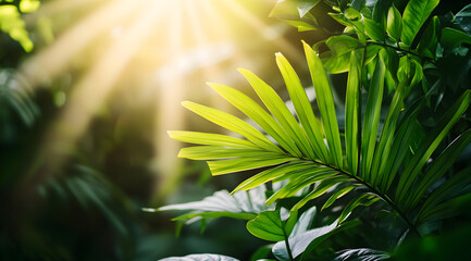 Lush green leaves bathed in sunlight create a serene atmosphere, showcasing the beauty of nature and vibrant plant life.