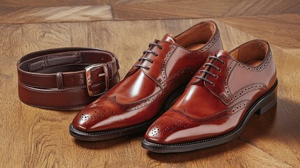 Elegant Brown Leather Dress Shoes and Matching Belt on a Wooden Floor, Showcasing Craftsmanship and Style for Professional or Formal Attire