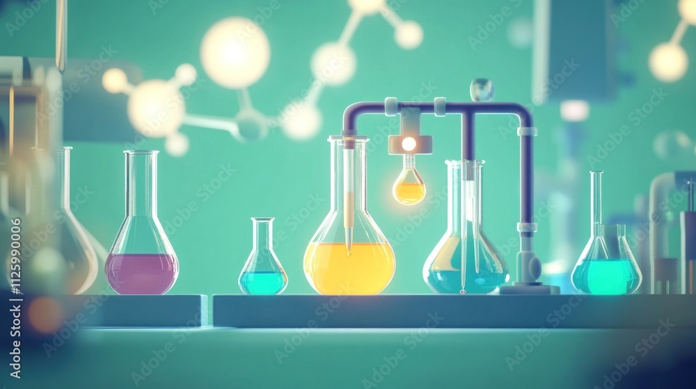 Poster laboratory glassware containing colorful liquids in a lab setting