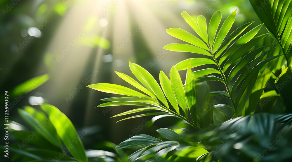 Poster lush green leaves bask in sunlight, creating a serene atmosphere filled with vibrant hues and gentle
