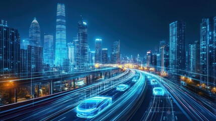 Fototapeta premium Futuristic Cityscape With Autonomous Vehicles Traveling On Elevated Highway