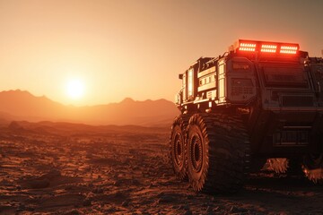Fototapeta premium Asteroid mining concept. Futuristic vehicle parked in a desert landscape during sunset.