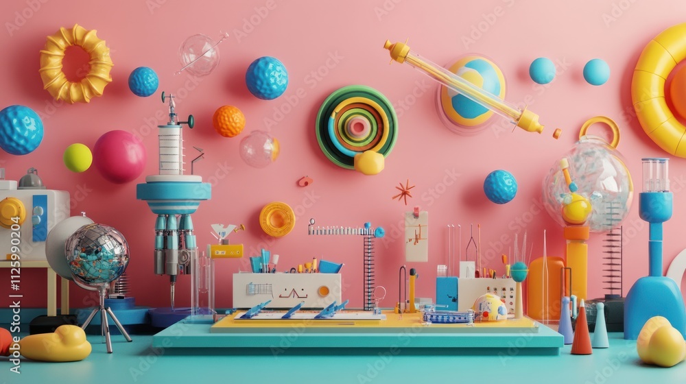 Poster colorful abstract science laboratory setup with various objects