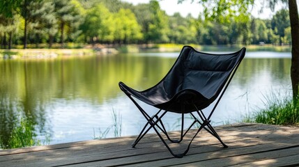 Tranquil Outdoor Scene Featuring a Black Butterfly Chair Beside a Serene Lake Surrounded by Lush Greenery under a Clear Blue Sky