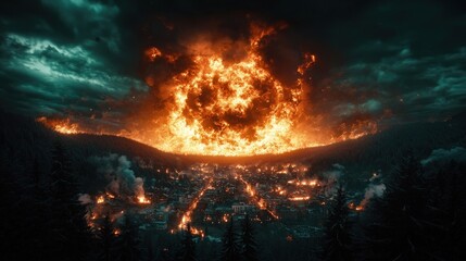 Fototapeta premium A fiery explosion is seen in the distance, with smoke