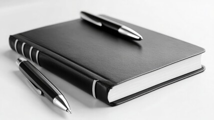 Elegant black notebook with blank pages accompanied by two sleek black pens, perfect for writing notes, ideas, and important reminders in a stylish manner.