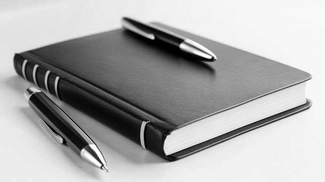 Elegant black notebook with blank pages accompanied by two sleek black pens, perfect for writing notes, ideas, and important reminders in a stylish manner.