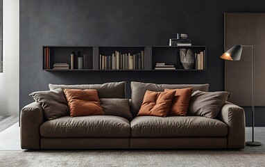 Modern living room with brown sofa, shelves, and lamp.