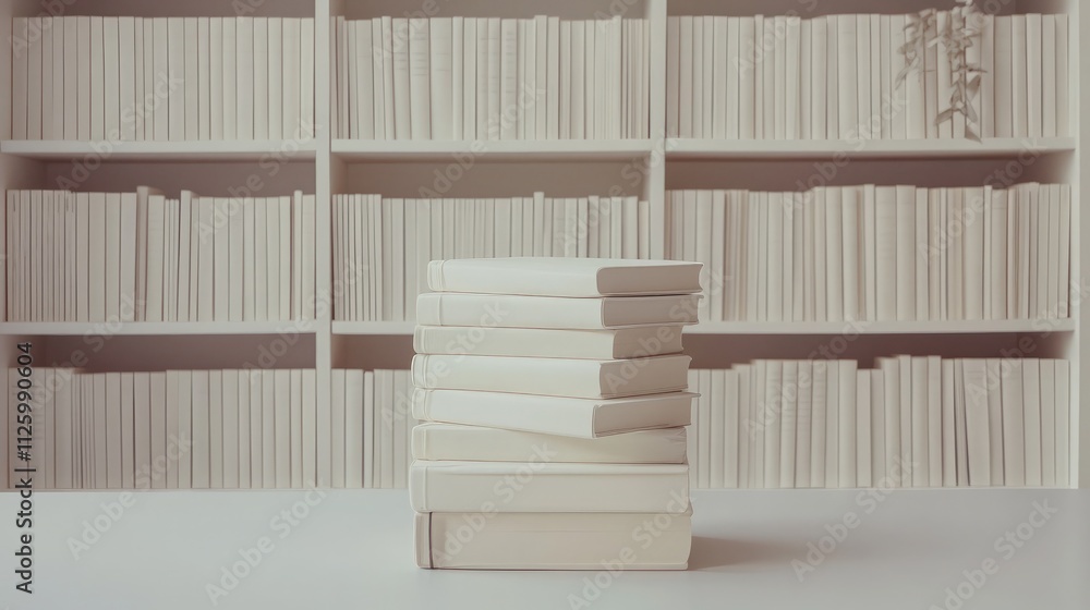 Poster minimalist arrangement of stacked blank books on a table with a soft focus background of uniform whi