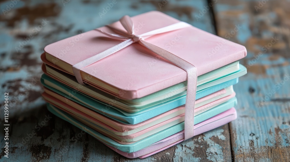 Aufkleber stack of colorful notebooks tied with a ribbon on a rustic wooden table surrounded by natural light,