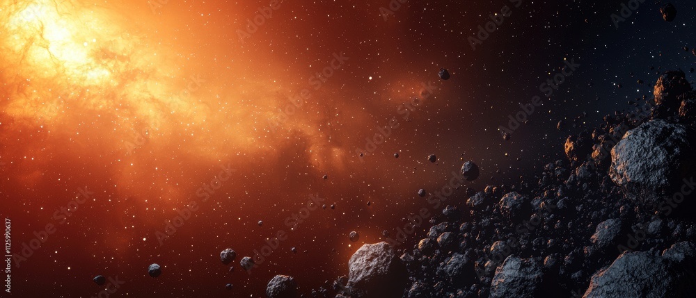 Poster asteroid mining concept. cosmic scene featuring asteroids and vibrant nebulae in deep space.