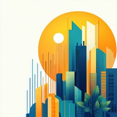 A cityscape with a large sun in the center