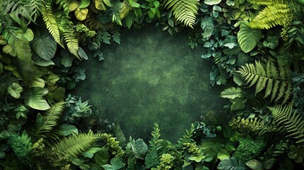 Lush greenery framing a textured green background for design use.