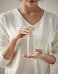 a woman holding cosmetics against a gray background