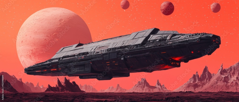 Poster asteroid mining concept. futuristic spaceship flying through a colorful alien landscape with planets
