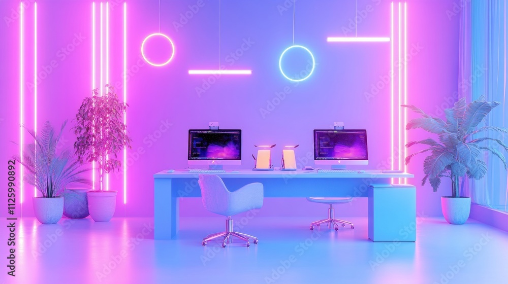Aufkleber neon lit modern office workspace with two computers