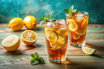 Fototapeta premium Refreshing Iced Tea: Summer Drink, Lemon Ice Tea, Cold Brew, Pastel Background, Glassware Photography