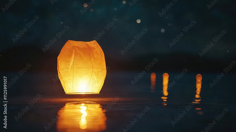Poster serene floating lantern on calm water surrounded by stars at night, creating a dreamy atmosphere wit