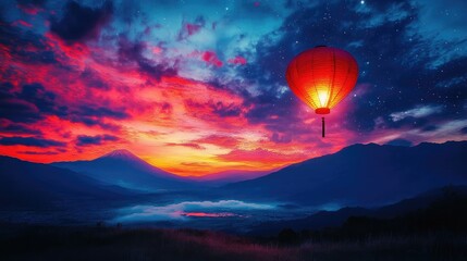 Fototapeta premium Breathtaking Sunset Over Mountain Landscape with Floating Lantern and Vibrant Colors Painting the Sky in a Tranquil Evening Setting