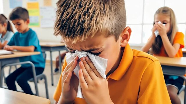 Child struggles with allergies during class in school setting with peers focused on their work