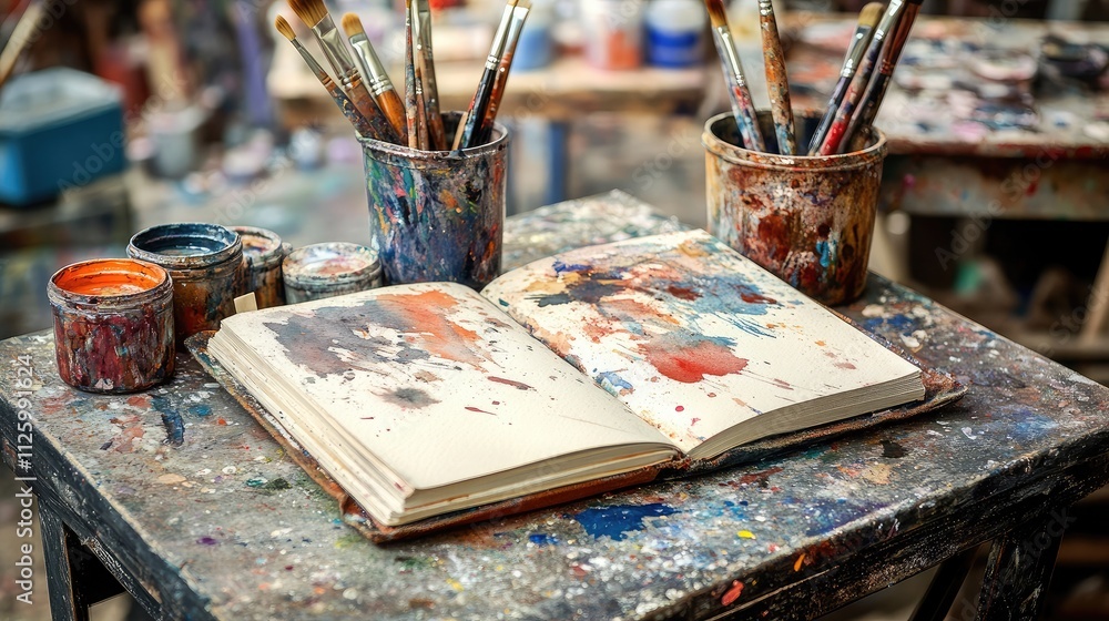 Aufkleber artistic workspace with open sketchbook surrounded by paintbrushes and paint containers in a creativ