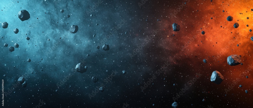 Poster asteroid mining concept. vibrant cosmic scene with asteroids in contrasting blue and orange backgrou