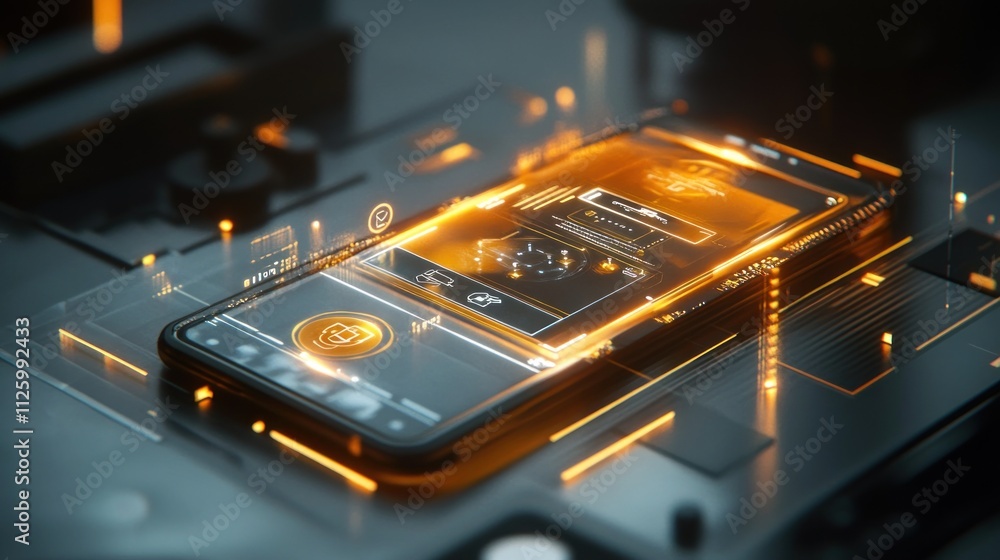 Poster smartphone displaying futuristic security interface