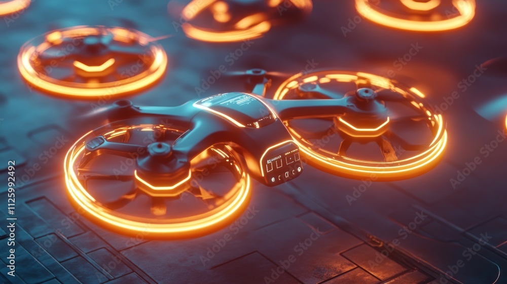 Poster futuristic drone with glowing rotors hovering above surface