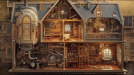 Fototapeta premium A Clockwork Mansion Interior Mechanically Detailed