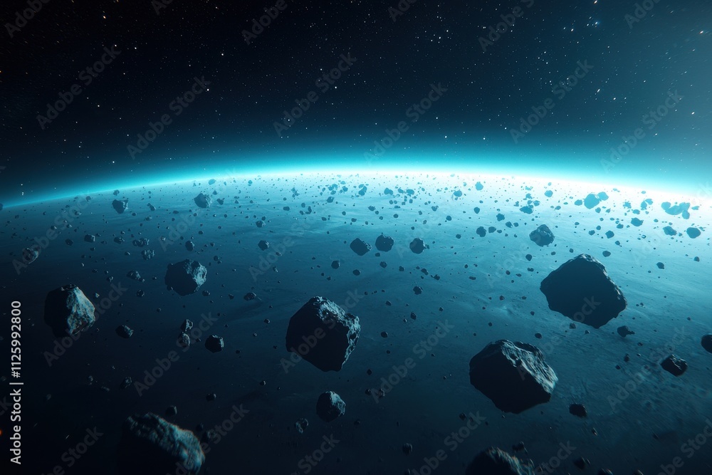 Poster asteroid mining concept. vast asteroid field illuminated by distant space light against a cosmic bac
