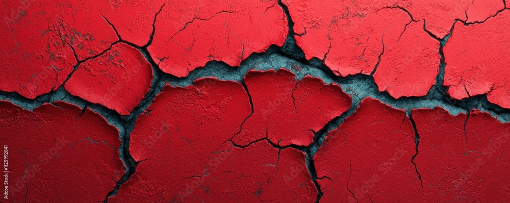Poster a close-up of a cracked red surface, showcasing intricate patterns and texture, emphasizing the cont